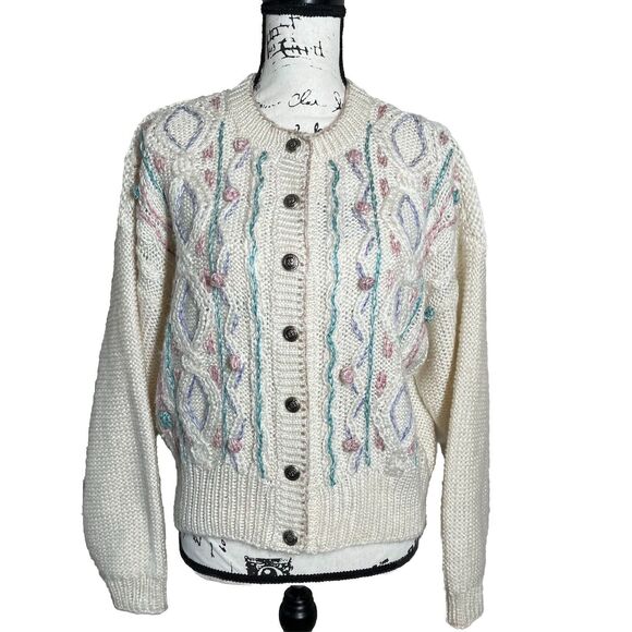 Vintage Russ Studio Crochet Knit Nordic Sweater Cardigan Medium Grandma Pom Pom - Picture 2 of 11